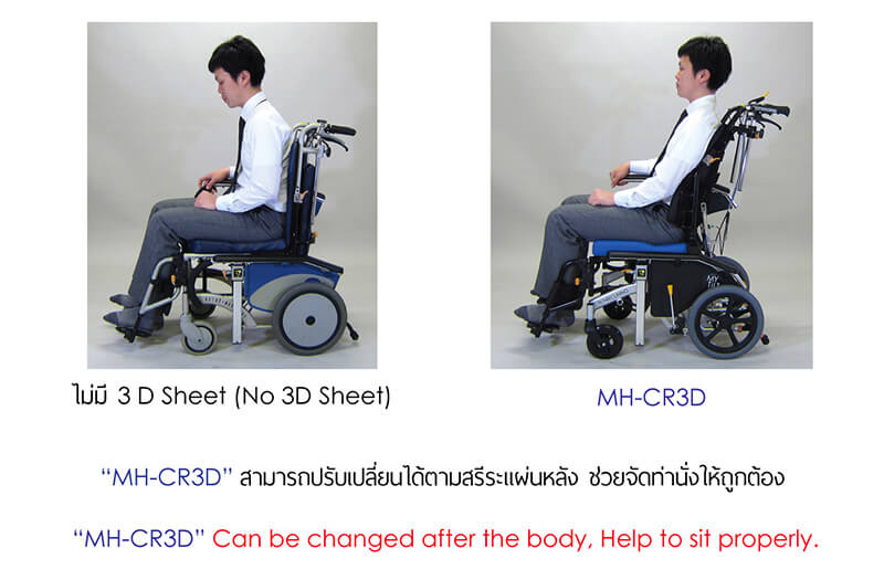 รถเข็นปรับเอนนอน รุ่น MH-CR3D สามารถปรับเปลี่ยนได้ตามสรีระแผ่นหลัง ช่วยจัดท่านั่งให้ถูกต้อง